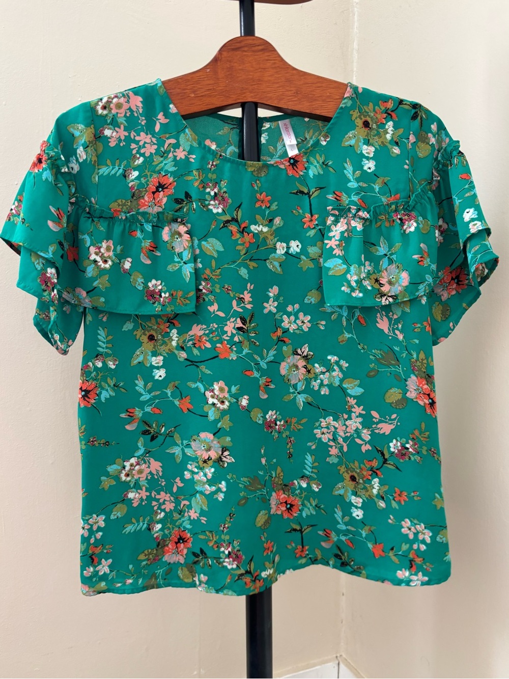 Xhilaration Green Teal Floral Ruffle Sleeve Blouse Size Large Zipper back